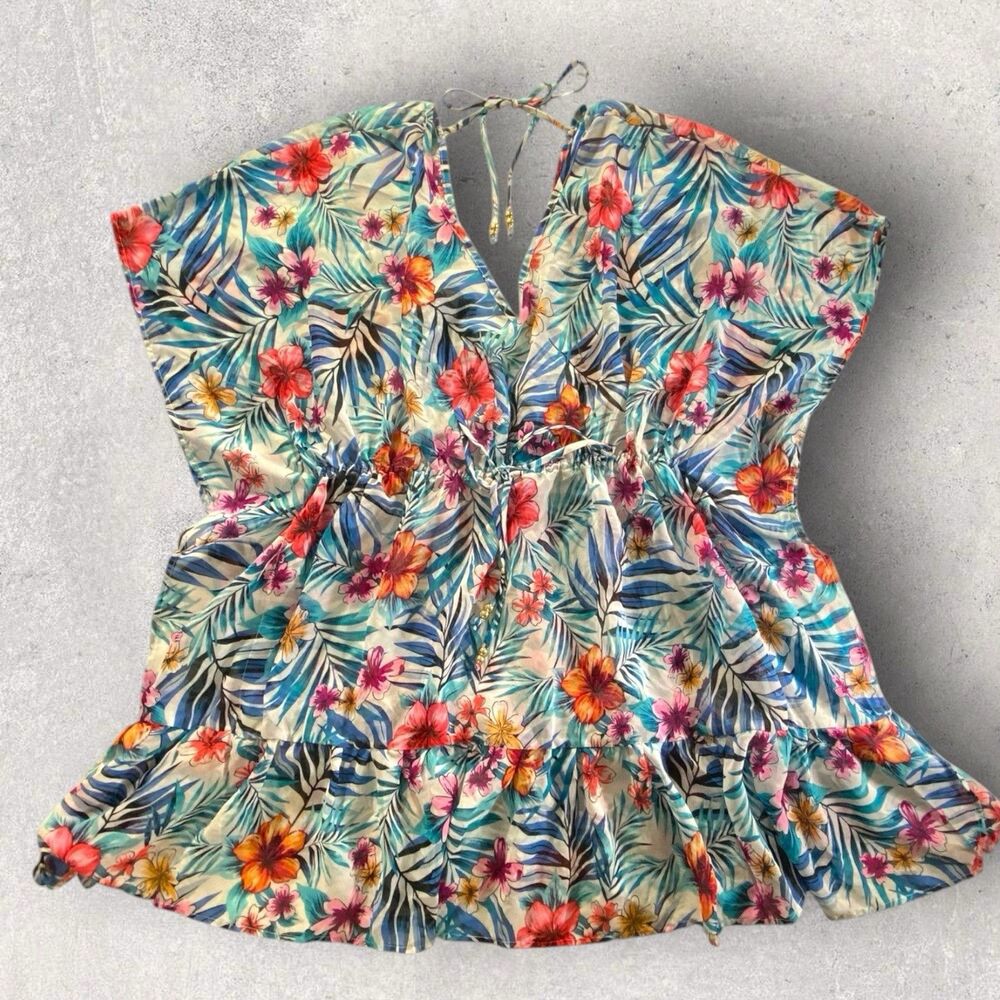 Time And Tru Sheer Floral Swim Cover Up Womens Size Large (12-14)  Tie Detail